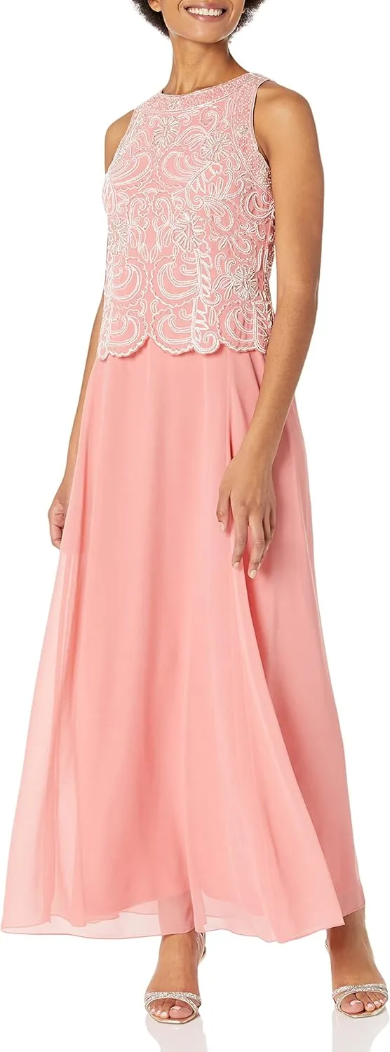 J Kara Women's Sleeveless Scallop Long Beaded Dress with Scarf