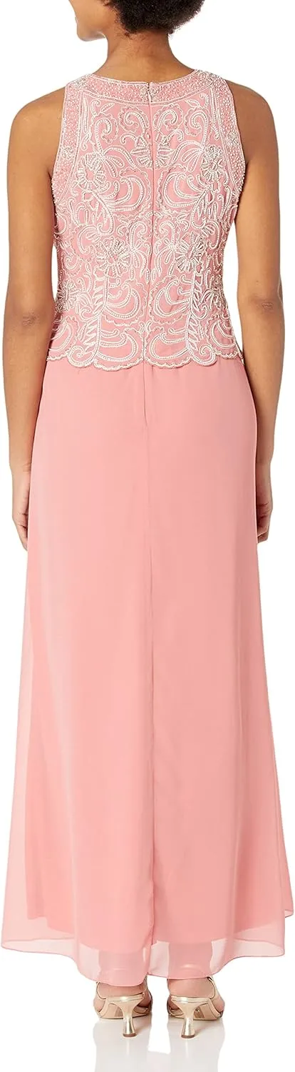 J Kara Women's Sleeveless Scallop Long Beaded Dress with Scarf