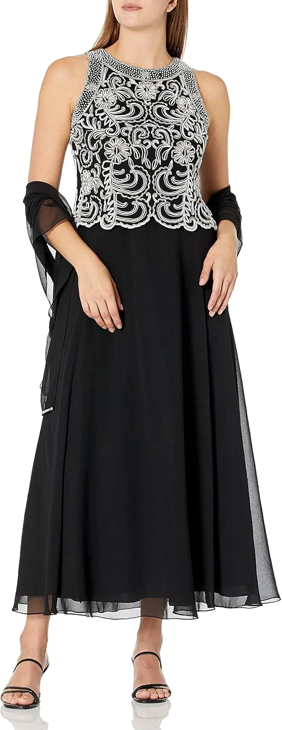 J Kara Women's Sleeveless Scallop Long Beaded Dress W/Scarf
