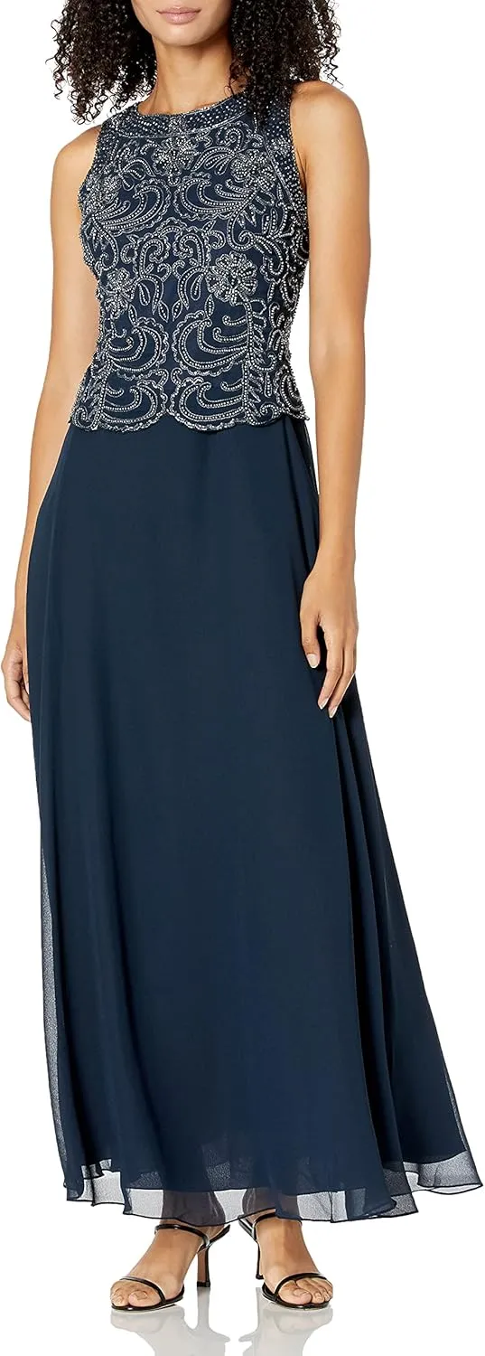 J Kara Women's Sleeveless Scallop Long Beaded Dress W/Scarf