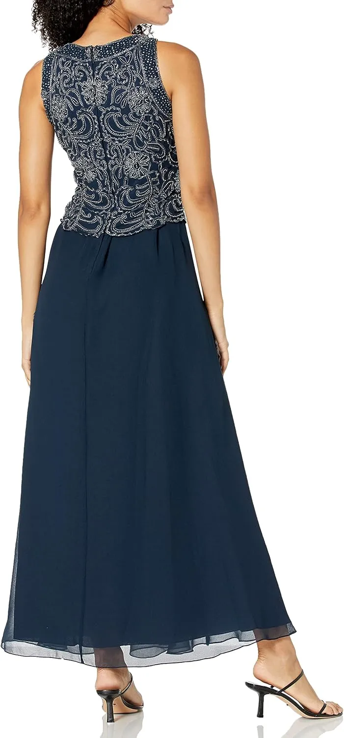 J Kara Women's Sleeveless Scallop Long Beaded Dress W/Scarf