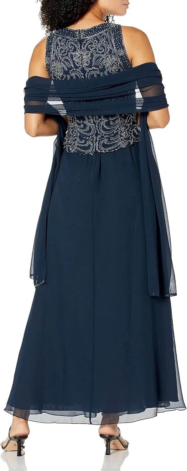 J Kara Women's Sleeveless Scallop Long Beaded Dress W/Scarf