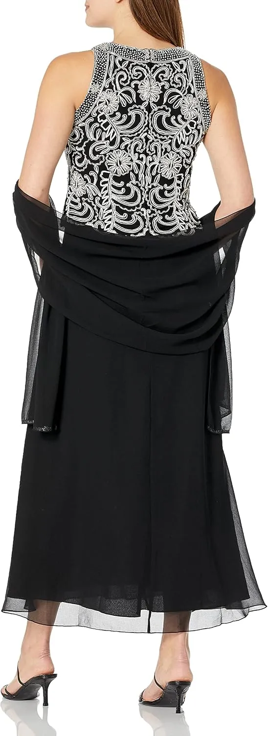 J Kara Women's Sleeveless Scallop Long Beaded Dress W/Scarf