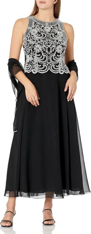 J Kara Women's Sleeveless Scallop Long Beaded Dress W/Scarf