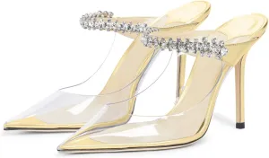 JANSEVEN Mules Flats For Women Closed Toe Flat Sandals With Rhinestone Pointy Slip On Patent Leather 4 Inches Bridal Wedding Shoes Sexy