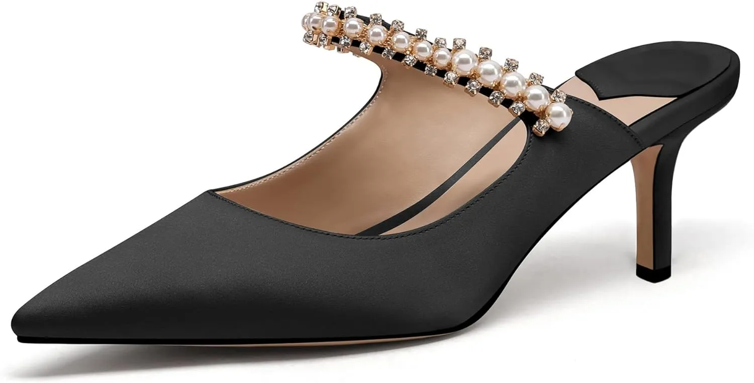 JANSEVEN Mules Flats For Women Closed Toe Flat Sandals With Rhinestone Pointy Slip On Patent Leather 4 Inches Bridal Wedding Shoes Sexy