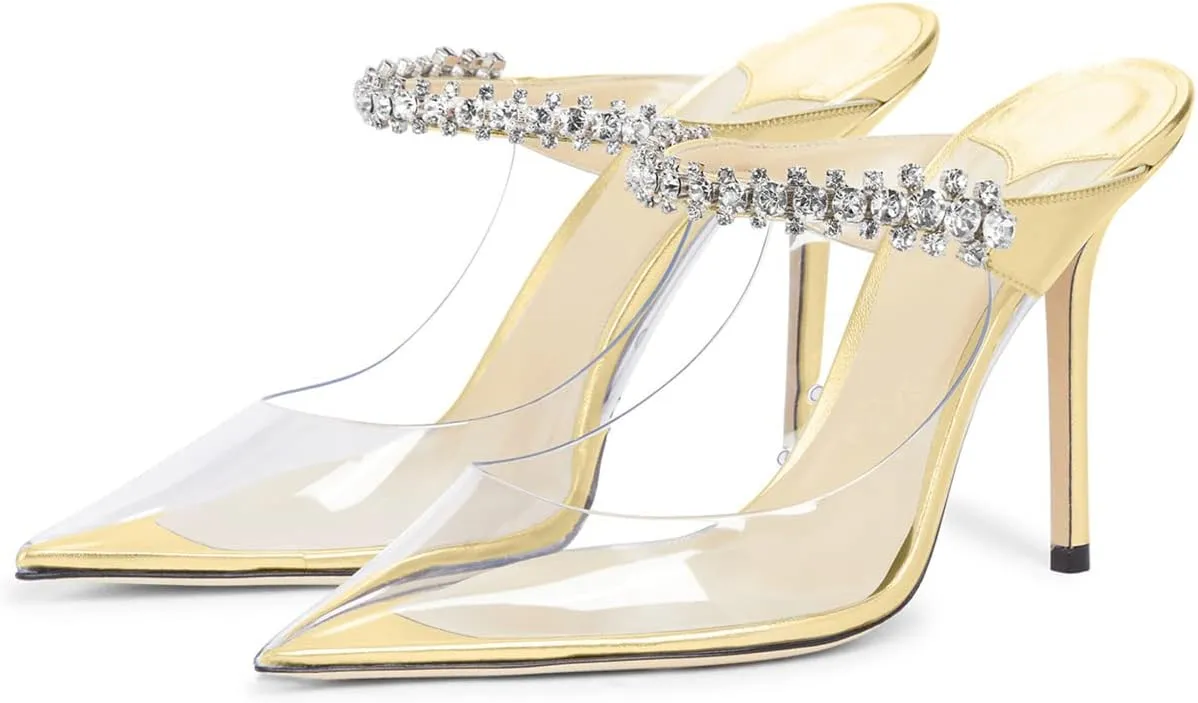 JANSEVEN Mules Flats For Women Closed Toe Flat Sandals With Rhinestone Pointy Slip On Patent Leather 4 Inches Bridal Wedding Shoes Sexy