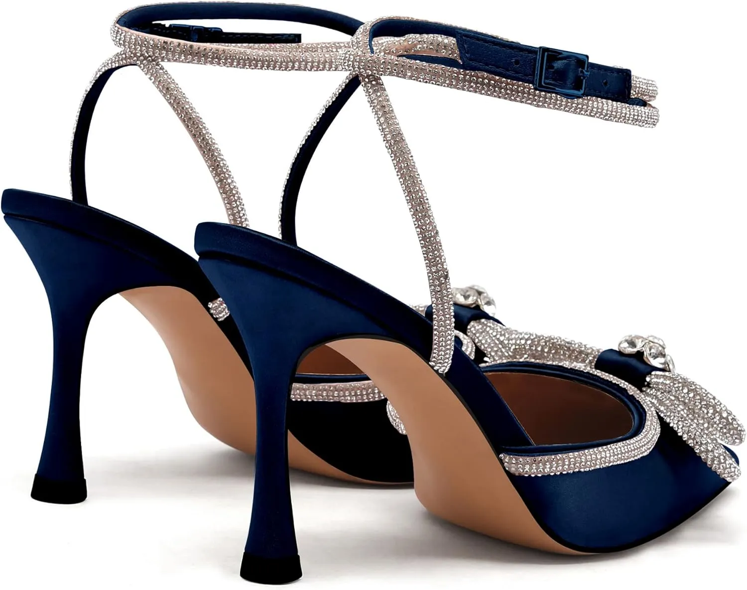 JANSEVEN Rhinestone Bow Heels Black Satin Bowknot Heeled Sandals For Women Ankle Strap Pumps Knotted Sparkling High Heels Closed Pointed Toe 3 In Wedding Bridal Shoes