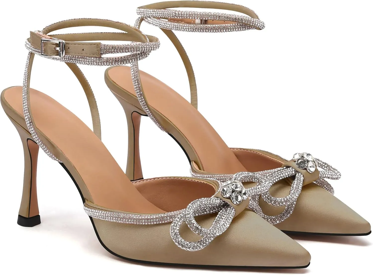 JANSEVEN Rhinestone Bow Heels Black Satin Bowknot Heeled Sandals For Women Ankle Strap Pumps Knotted Sparkling High Heels Closed Pointed Toe 3 In Wedding Bridal Shoes