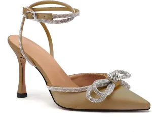 JANSEVEN Rhinestone Bow Heels Black Satin Bowknot Heeled Sandals For Women Ankle Strap Pumps Knotted Sparkling High Heels Closed Pointed Toe 3 In Wedding Bridal Shoes