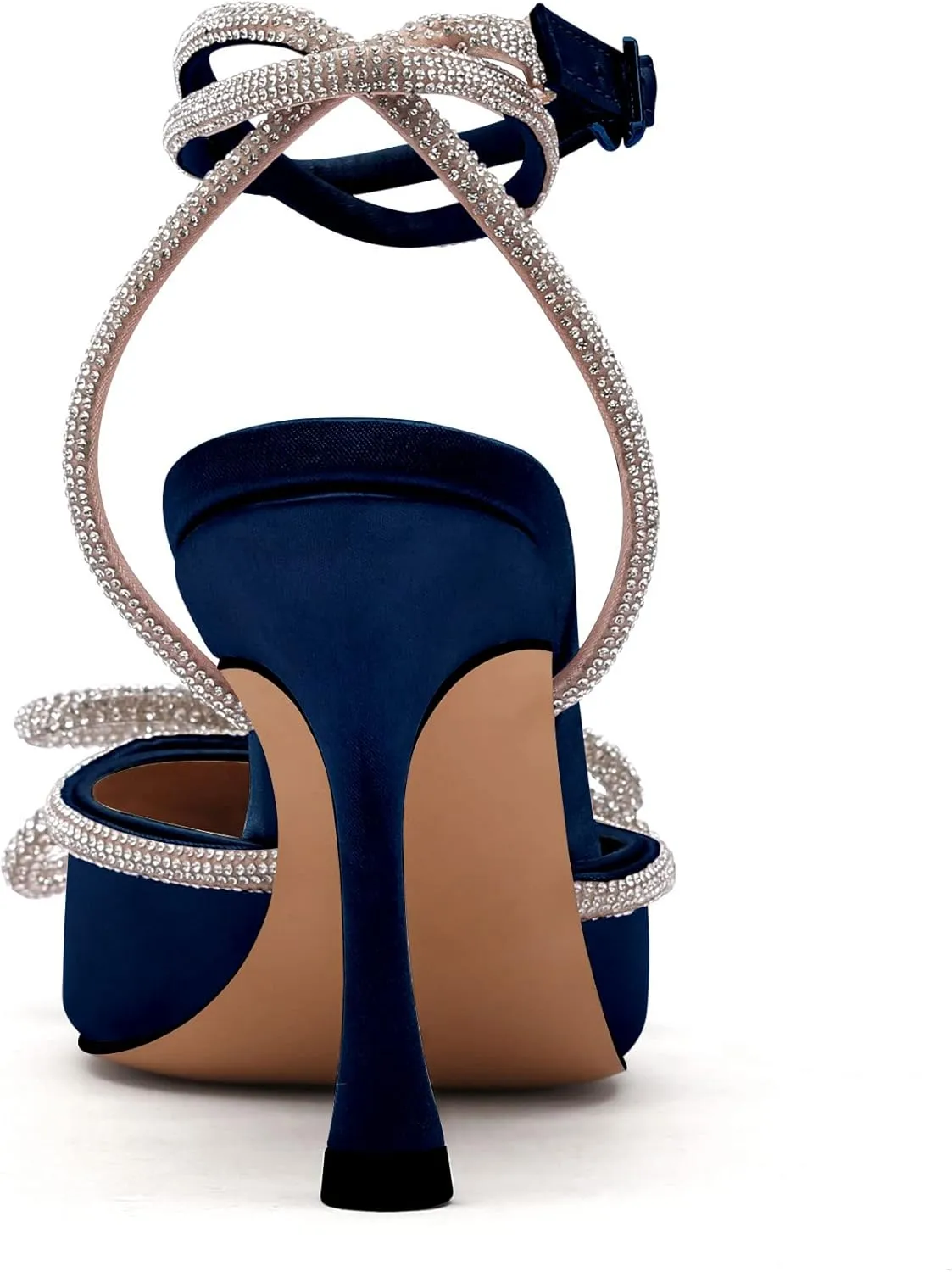 JANSEVEN Rhinestone Bow Heels Black Satin Bowknot Heeled Sandals For Women Ankle Strap Pumps Knotted Sparkling High Heels Closed Pointed Toe 3 In Wedding Bridal Shoes