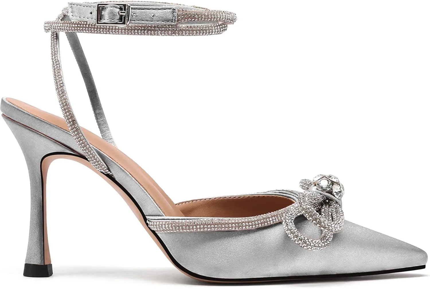 JANSEVEN Rhinestone Bow Heels Black Satin Bowknot Heeled Sandals For Women Ankle Strap Pumps Knotted Sparkling High Heels Closed Pointed Toe 3 In Wedding Bridal Shoes
