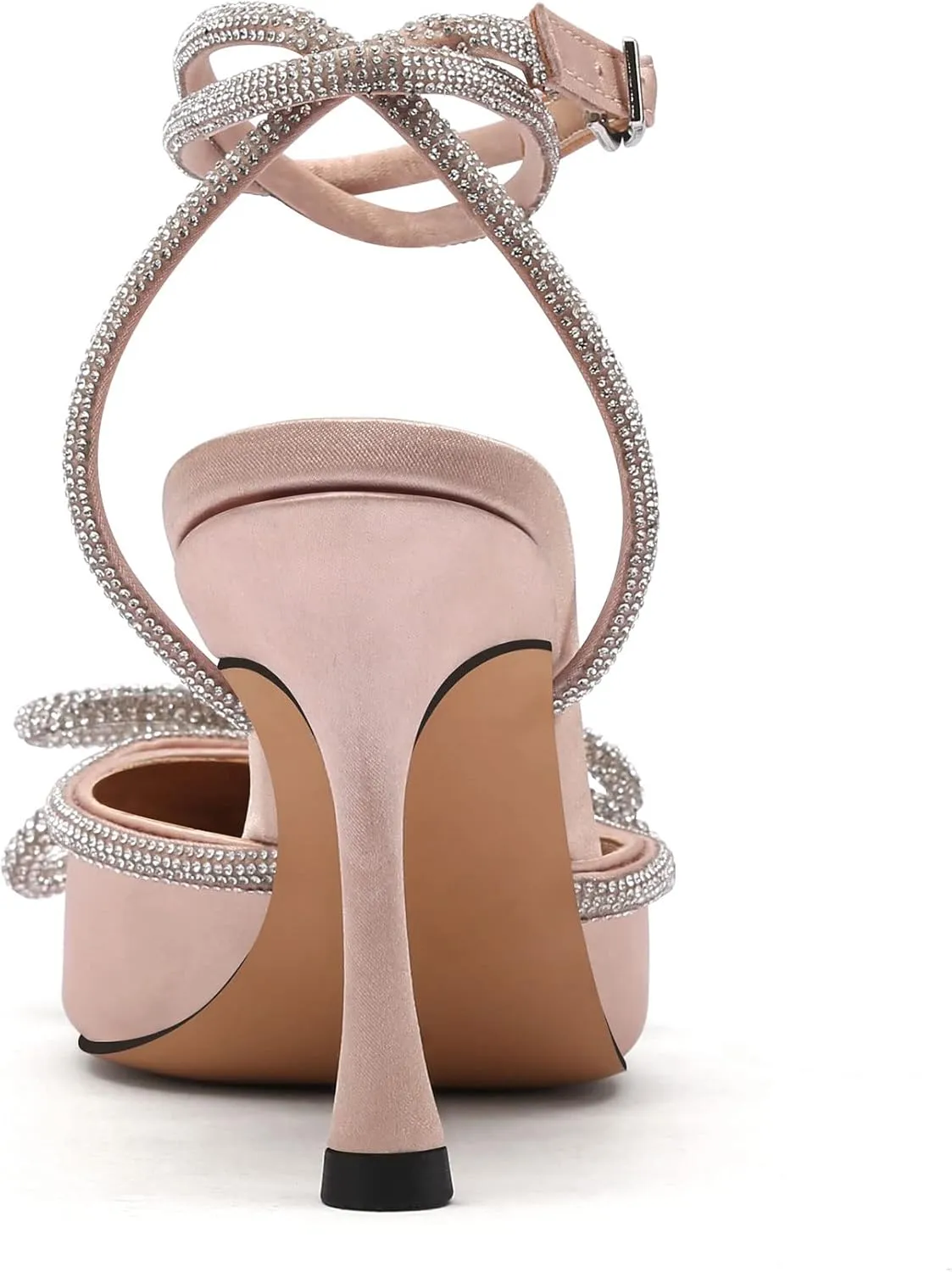 JANSEVEN Rhinestone Bow Heels Black Satin Bowknot Heeled Sandals For Women Ankle Strap Pumps Knotted Sparkling High Heels Closed Pointed Toe 3 In Wedding Bridal Shoes