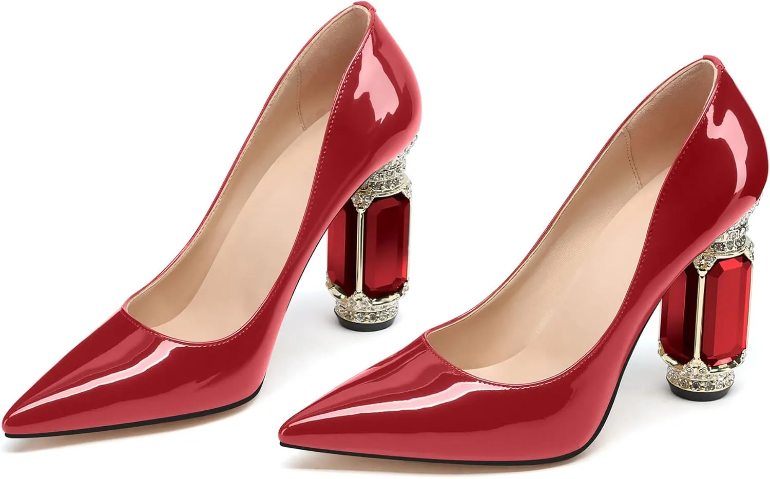JANSEVEN Women Chunky Heels Pumps Crystal Block Heels with Rhinestones Pointed Toe Sexy Gradient Patent Leather Slip on Bridal Party Wedding Dress Shoes 5-13 M US