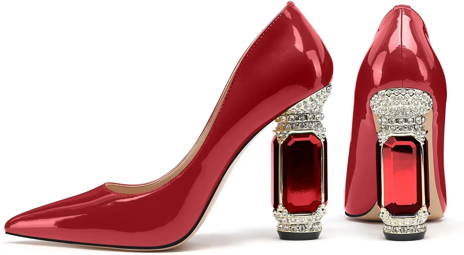 JANSEVEN Women Chunky Heels Pumps Crystal Block Heels with Rhinestones Pointed Toe Sexy Gradient Patent Leather Slip on Bridal Party Wedding Dress Shoes 5-13 M US