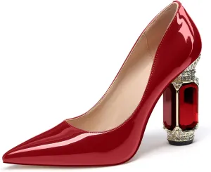 JANSEVEN Women Chunky Heels Pumps Crystal Block Heels with Rhinestones Pointed Toe Sexy Gradient Patent Leather Slip on Bridal Party Wedding Dress Shoes 5-13 M US