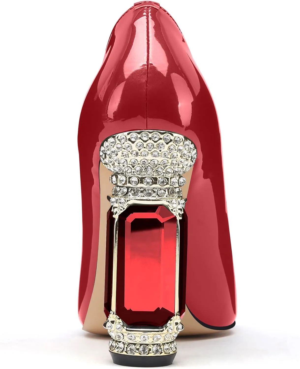 JANSEVEN Women Chunky Heels Pumps Crystal Block Heels with Rhinestones Pointed Toe Sexy Gradient Patent Leather Slip on Bridal Party Wedding Dress Shoes 5-13 M US