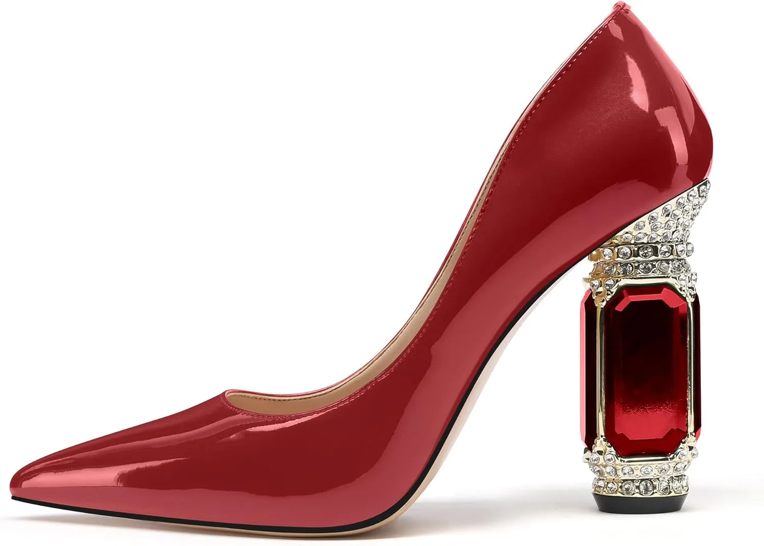 JANSEVEN Women Chunky Heels Pumps Crystal Block Heels with Rhinestones Pointed Toe Sexy Gradient Patent Leather Slip on Bridal Party Wedding Dress Shoes 5-13 M US