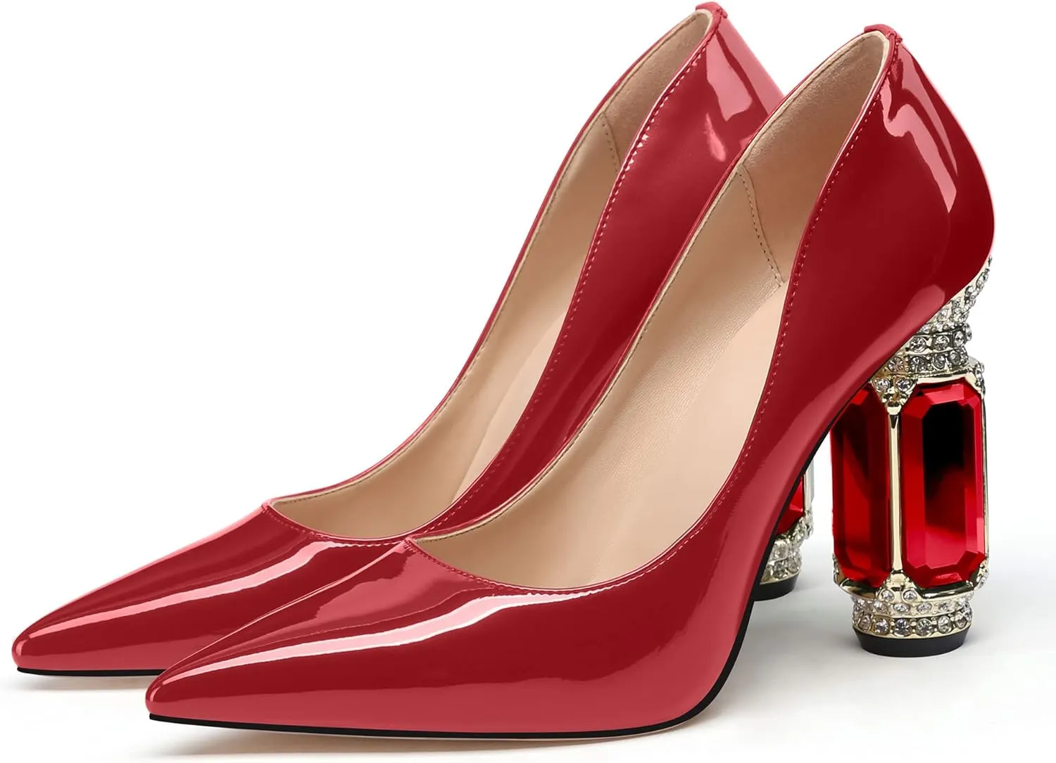 JANSEVEN Women Chunky Heels Pumps Crystal Block Heels with Rhinestones Pointed Toe Sexy Gradient Patent Leather Slip on Bridal Party Wedding Dress Shoes 5-13 M US
