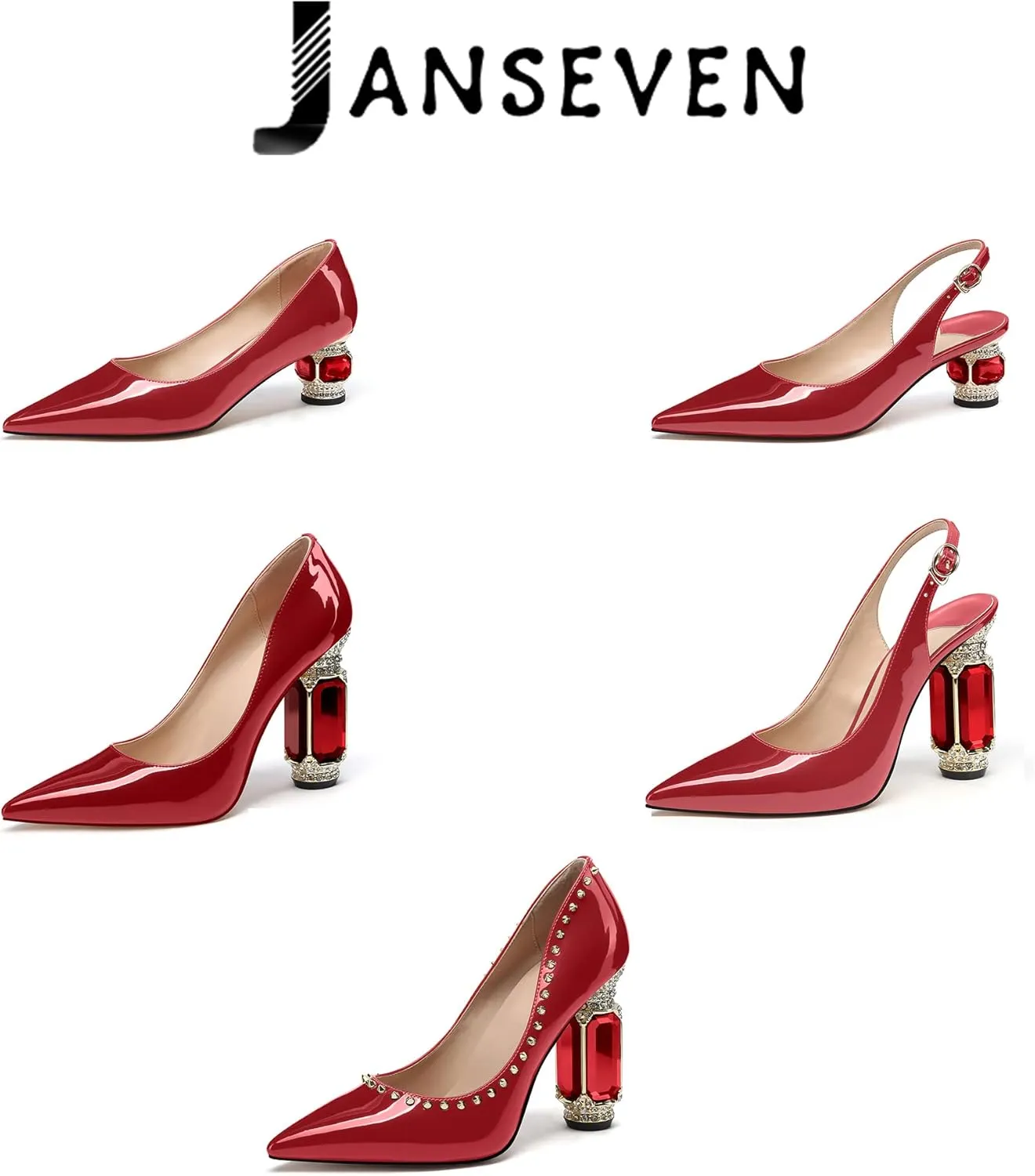 JANSEVEN Women Chunky Heels Pumps Crystal Block Heels with Rhinestones Pointed Toe Sexy Gradient Patent Leather Slip on Bridal Party Wedding Dress Shoes 5-13 M US
