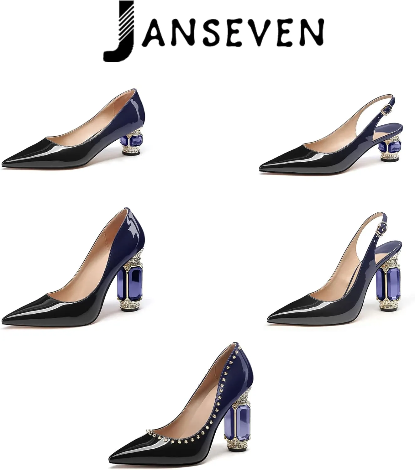 JANSEVEN Women Chunky Heels Pumps Crystal Block Heels with Rhinestones Pointed Toe Sexy Gradient Patent Leather Slip on Bridal Party Wedding Dress Shoes Size 5-13 US