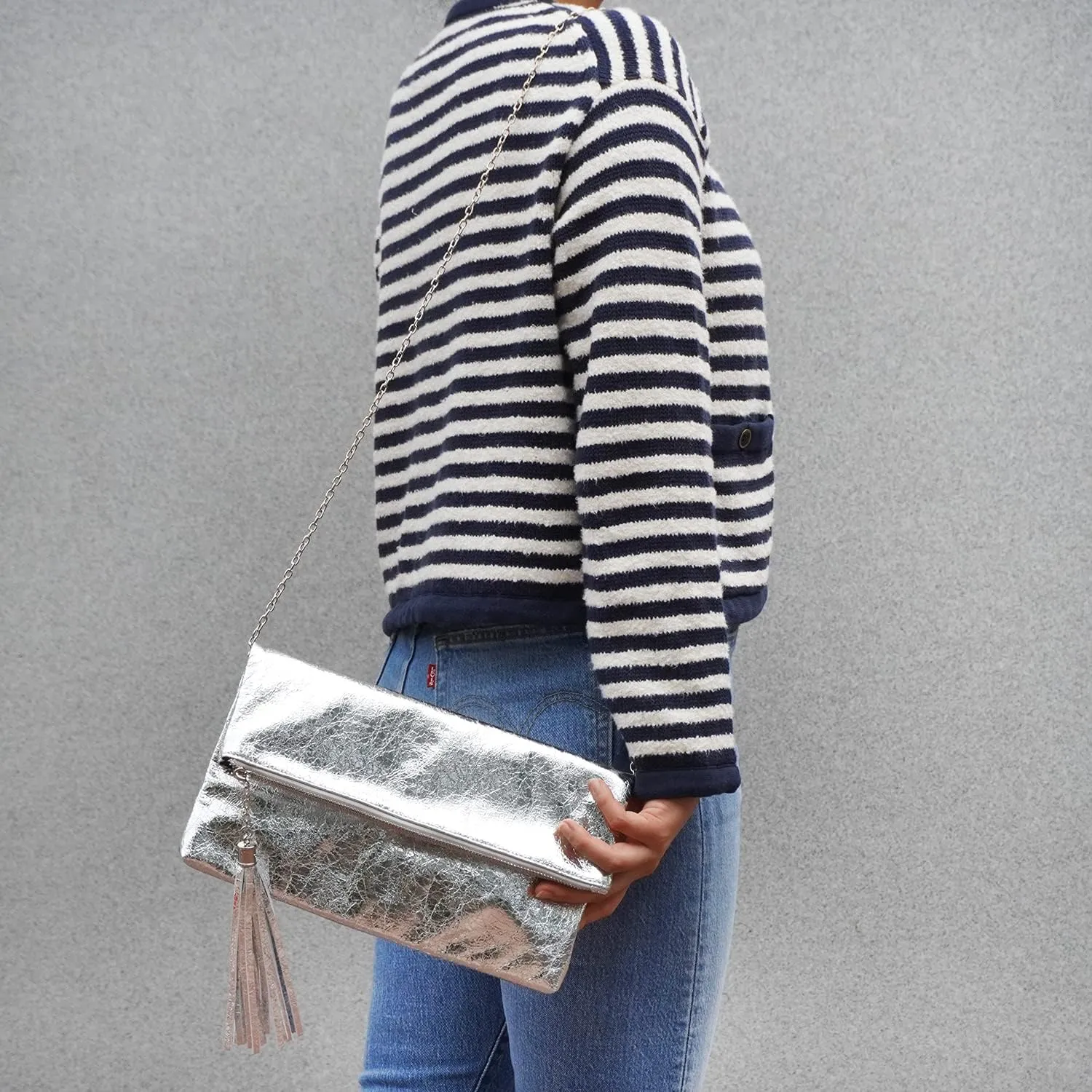 JNB Women's Cracked Metallic Fabric Foldover Clutch with Tassel