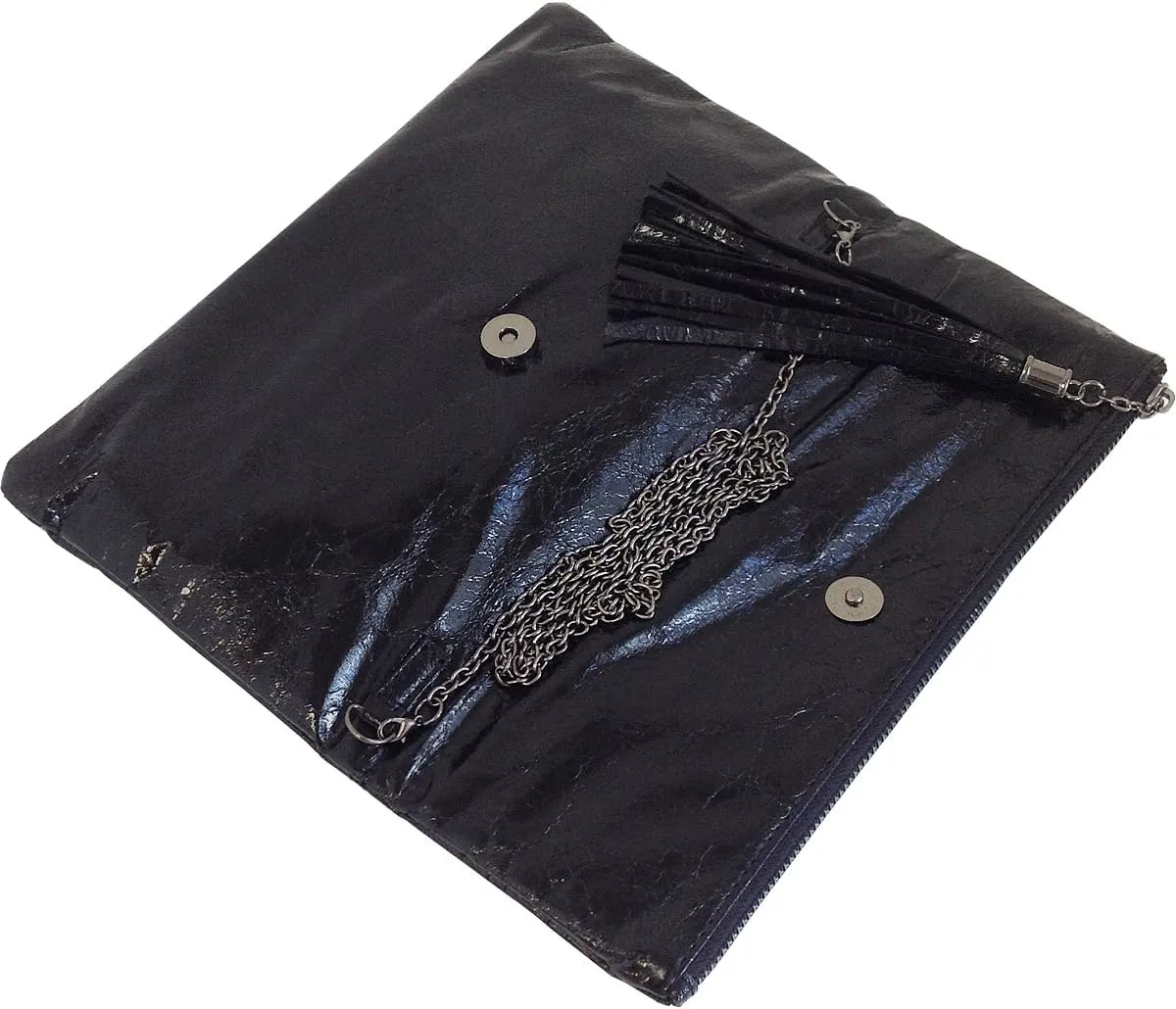 JNB Women's Cracked Metallic Fabric Foldover Clutch with Tassel