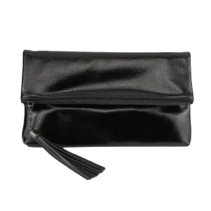 JNB Women's Cracked Metallic Fabric Foldover Clutch with Tassel