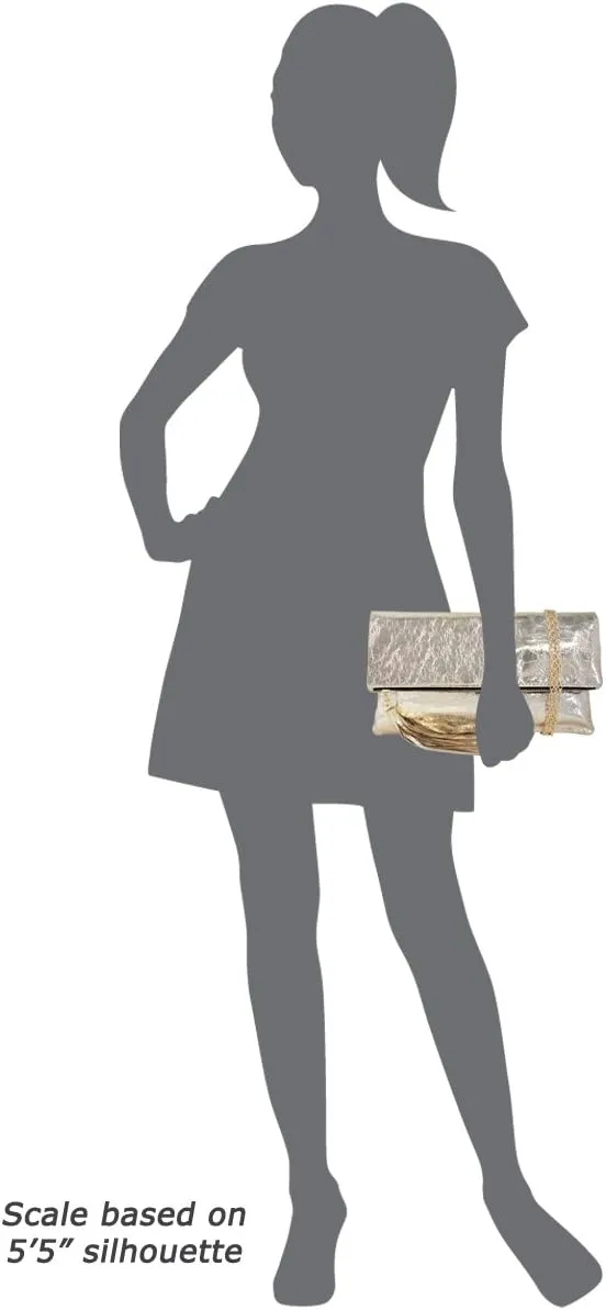 JNB Women's Cracked Metallic Fabric Foldover Clutch with Tassel