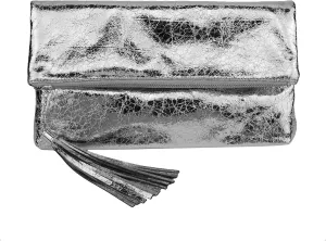 JNB Women's Cracked Metallic Fabric Foldover Clutch with Tassel