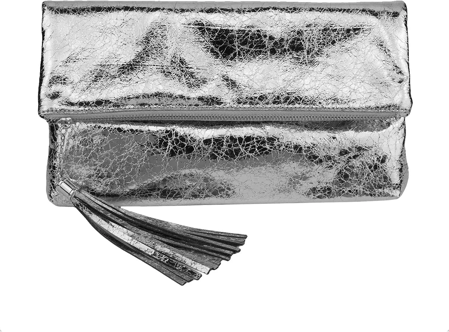 JNB Women's Cracked Metallic Fabric Foldover Clutch with Tassel