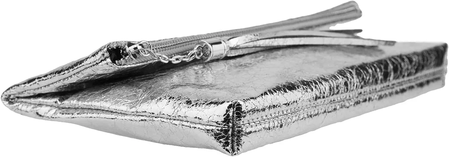 JNB Women's Cracked Metallic Fabric Foldover Clutch with Tassel