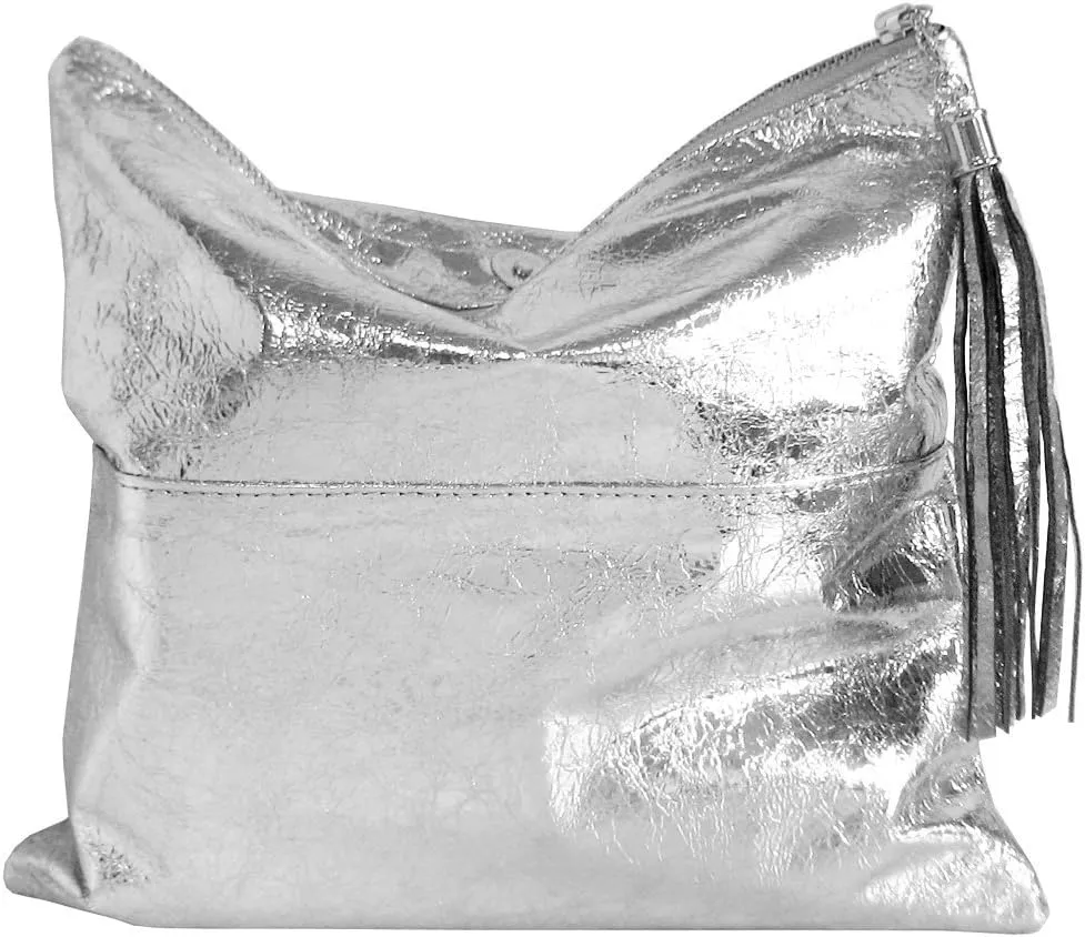 JNB Women's Cracked Metallic Fabric Foldover Clutch with Tassel