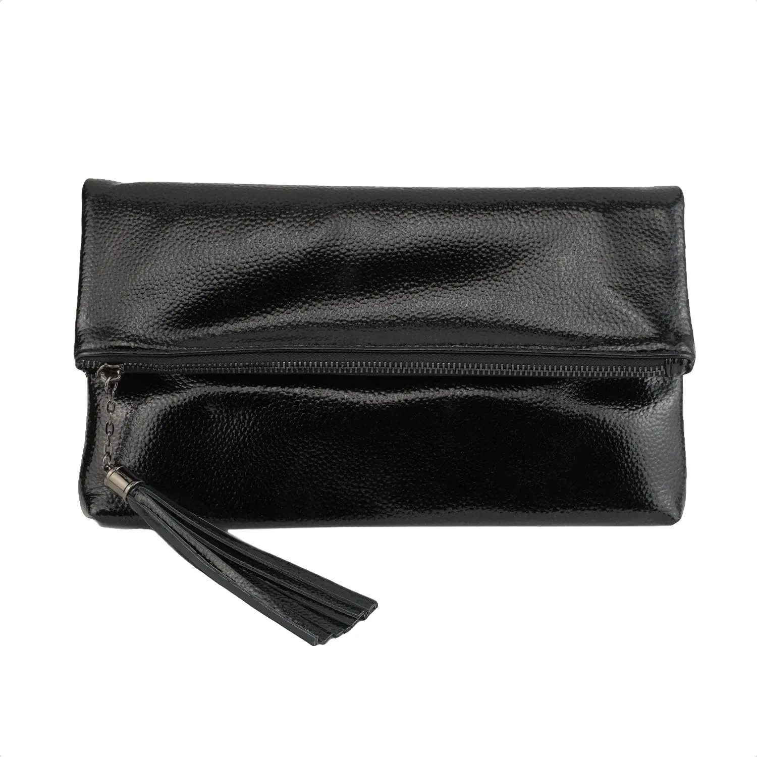 JNB Women's Cracked Metallic Fabric Foldover Clutch with Tassel