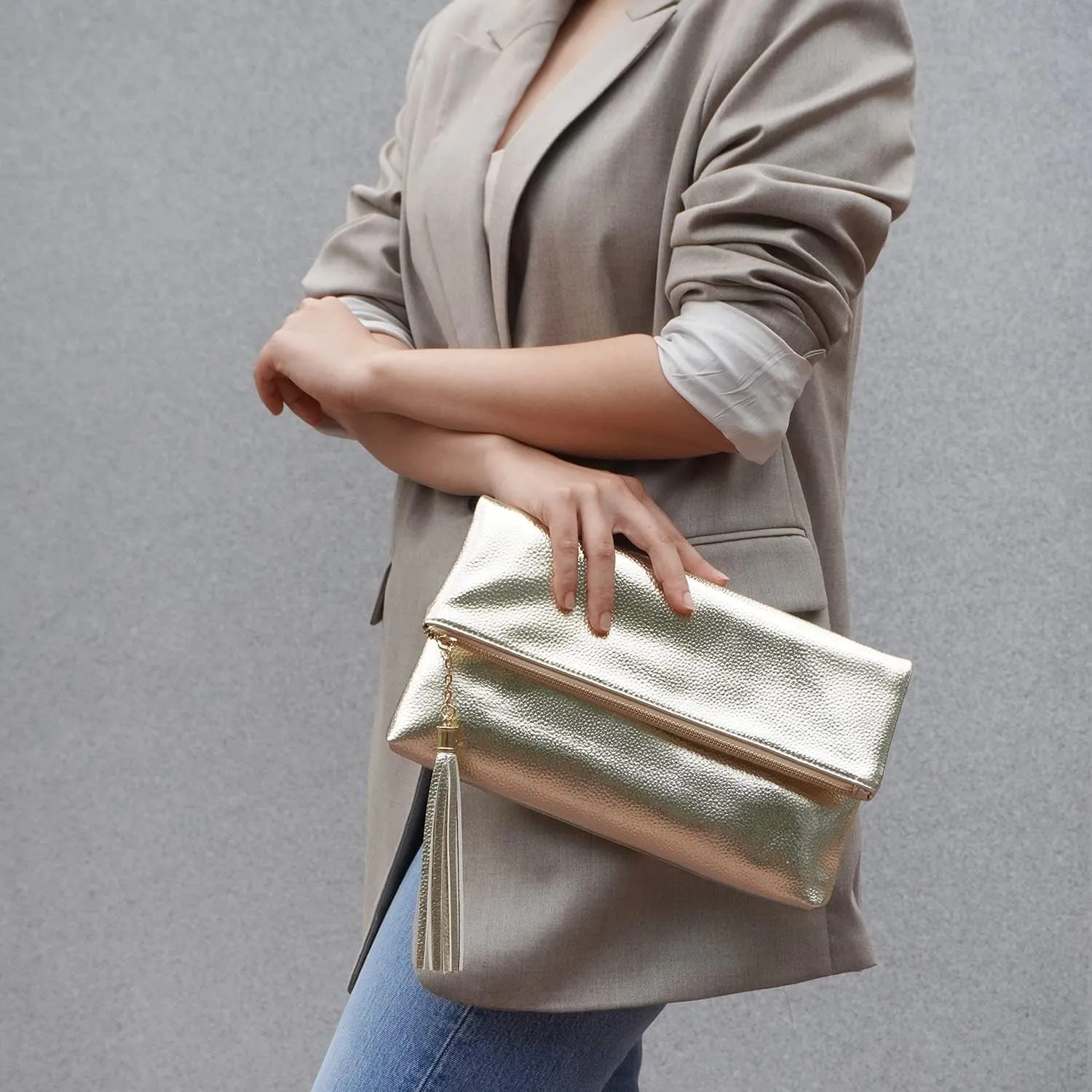 JNB Women's Cracked Metallic Fabric Foldover Clutch with Tassel