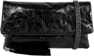 JNB Women's Cracked Metallic Fabric Foldover Clutch with Tassel