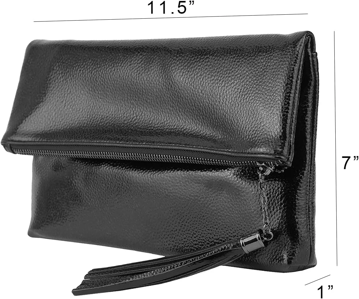 JNB Women's Cracked Metallic Fabric Foldover Clutch with Tassel