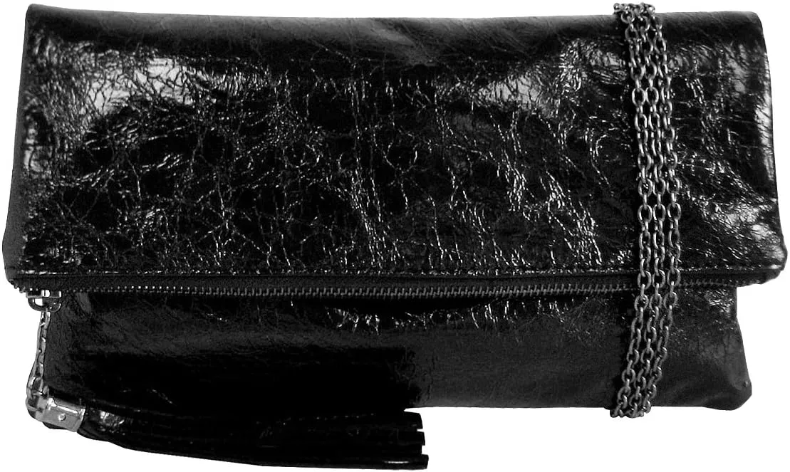 JNB Women's Cracked Metallic Fabric Foldover Clutch with Tassel