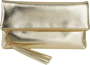 JNB Women's Cracked Metallic Fabric Foldover Clutch with Tassel