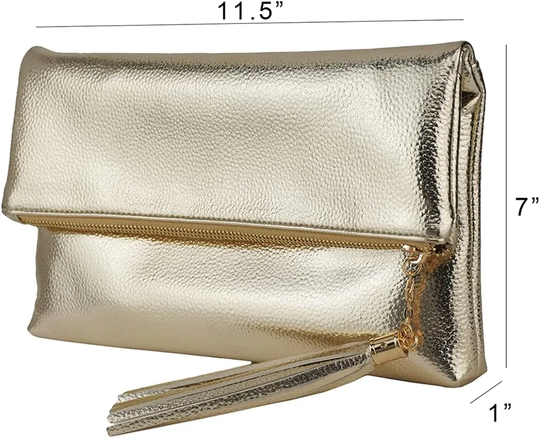 JNB Women's Cracked Metallic Fabric Foldover Clutch with Tassel
