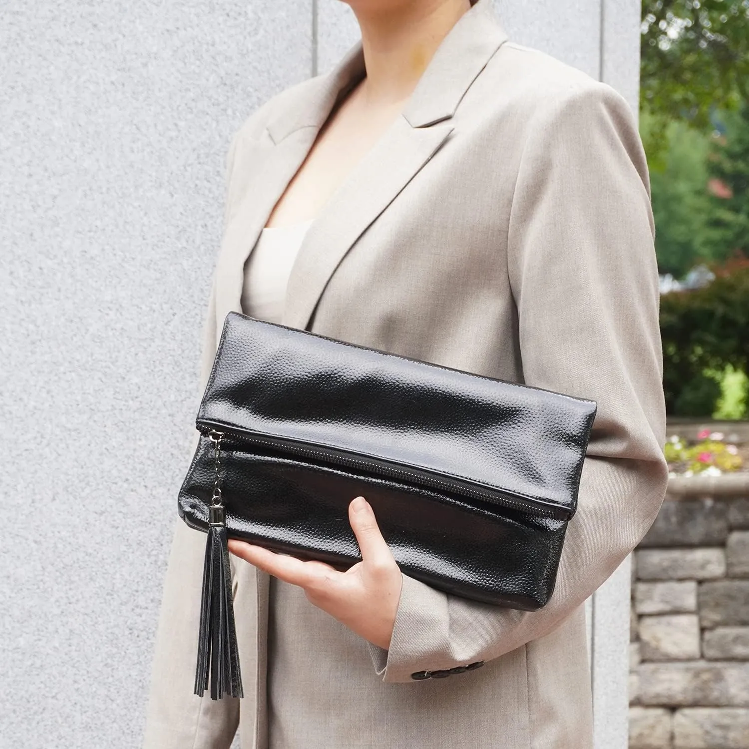 JNB Women's Cracked Metallic Fabric Foldover Clutch with Tassel