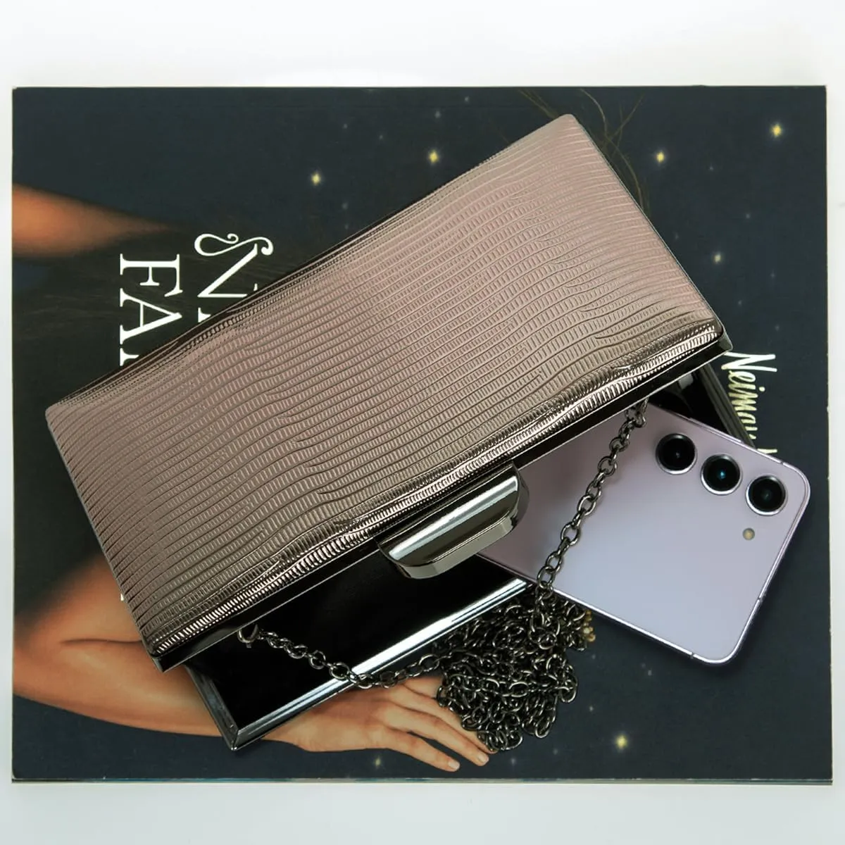 JNB Women's Metallic Material Hard Case Evening Party Clutch