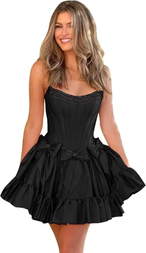 JNXIANGW Strapless Bow Homecoming Dresses for Teens Satin A-line Short Prom Dress Mini Puffy Ruffles Cocktail Party Dresses