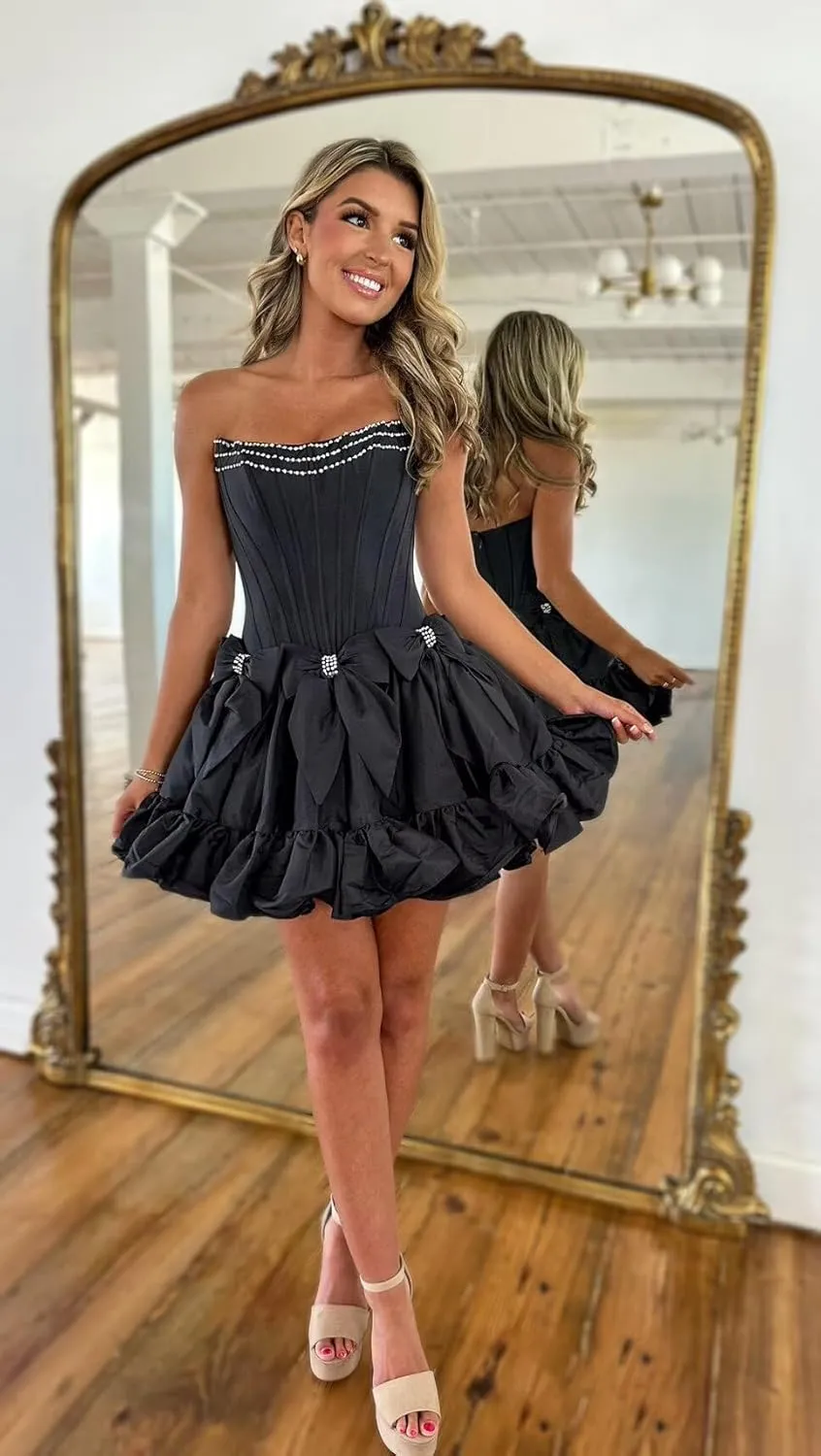 JNXIANGW Strapless Bow Homecoming Dresses for Teens Satin A-line Short Prom Dress Mini Puffy Ruffles Cocktail Party Dresses