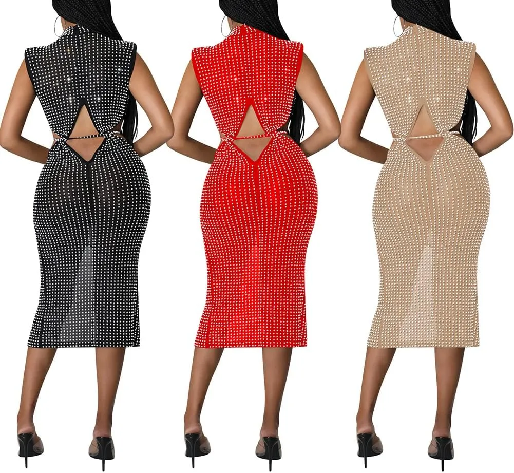 JUNBOON Women's Sexy Mesh See Through Rhinestone Bodycon Zipper Midi Dress Clubwear Outfit