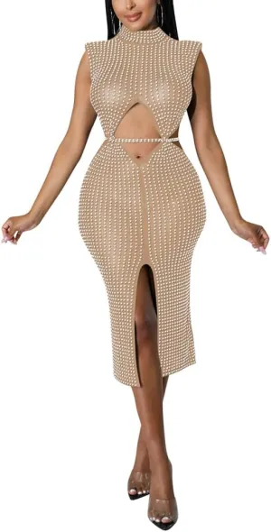JUNBOON Women's Sexy Mesh See Through Rhinestone Bodycon Zipper Midi Dress Clubwear Outfit