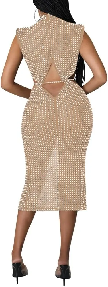 JUNBOON Women's Sexy Mesh See Through Rhinestone Bodycon Zipper Midi Dress Clubwear Outfit