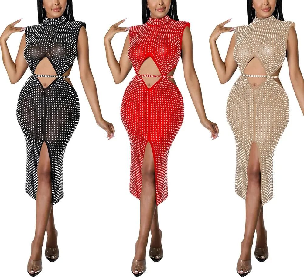 JUNBOON Women's Sexy Mesh See Through Rhinestone Bodycon Zipper Midi Dress Clubwear Outfit