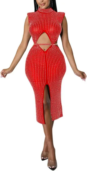 JUNBOON Women's Sexy Mesh See Through Rhinestone Bodycon Zipper Midi Dress Clubwear Outfit