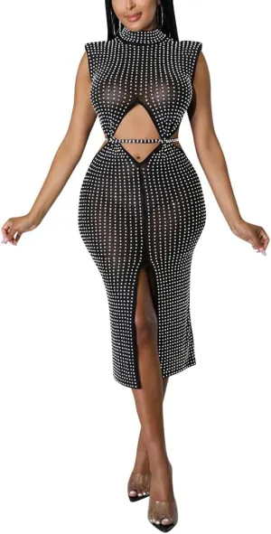 JUNBOON Women's Sexy Mesh See Through Rhinestone Bodycon Zipper Midi Dress Clubwear Outfit